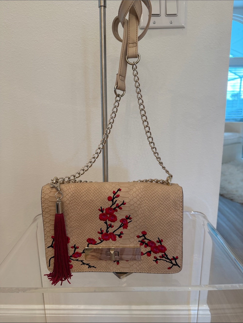Mossimo Supply Co. Beige Crossbody Bag with Red Floral Embroidery